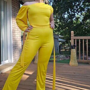 Custom Yellow One Sleeve Belted Jumpsuit